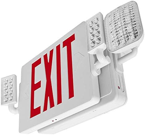 אורות LFI | שלט יציאה אדום משולב דק עם אורות חירום | דיור לבן | הכל LED | שני ראשים מתכווננים | קשיח עם גיבוי סוללה